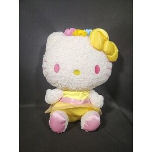 Sanrio Hello Kitty Plush 2016 Yellow Satin Dress Flower Crown White Sherpa Doll‎